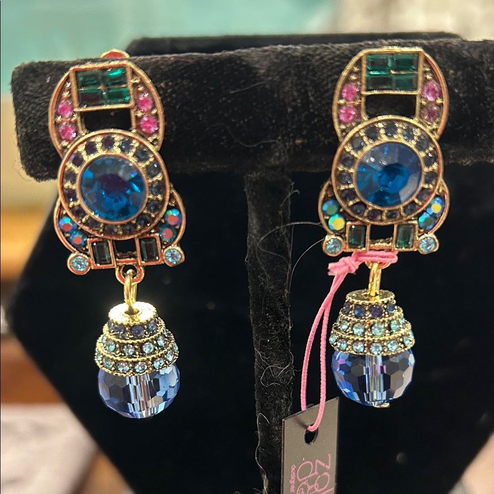 Elegant Blue, Lavender & Green Antiqued Gold Drop Earrings-NWT